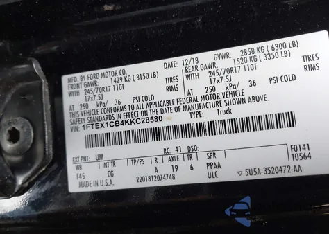 2019 Ford F-150 Xl z USA, uszkodzony, nr VIN 1FTEX1CB4KKC28580